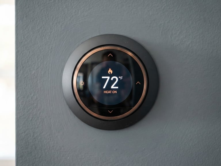 Straight-on macro photograph of a modern digital thermostat mounted on a clean slate gray wall, bright natural daylight, technical precision, shallow depth of field.