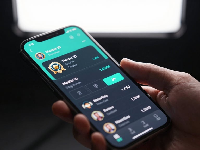 Close-up of a phone screen displaying a player account dashboard with visible tier badge reading Master ID, wallet balance, and active wager counter, hand holding the device, bright saturated studio lighting from above, dark near-black background, teal accent glow from the screen