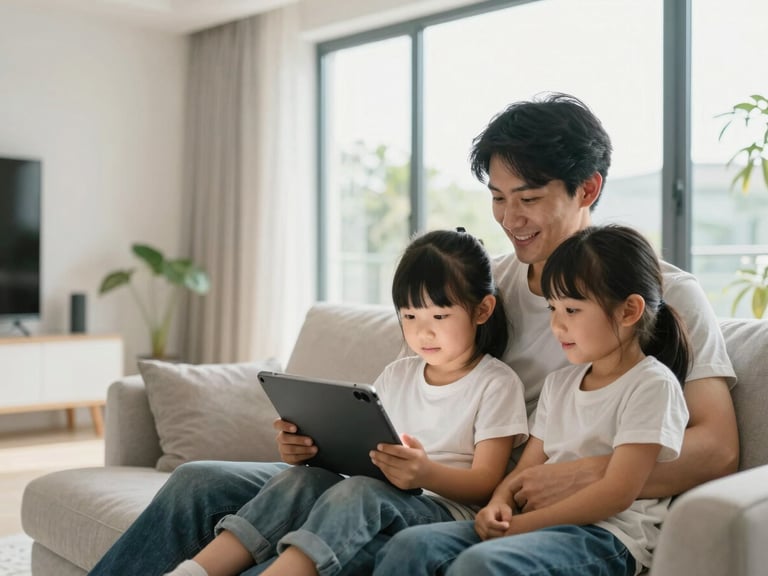 Bright modern living room, a family streaming a movie on a tablet together, natural daylight pouring through a large window, soft focus background, 35mm lens
