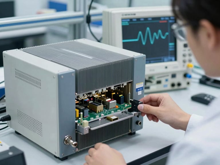 Engineer analyzing waveforms on an oscilloscope connected to a Variable Frequency Drive (VFD) unit, bright clean lab, sharp details, cool metallic tones