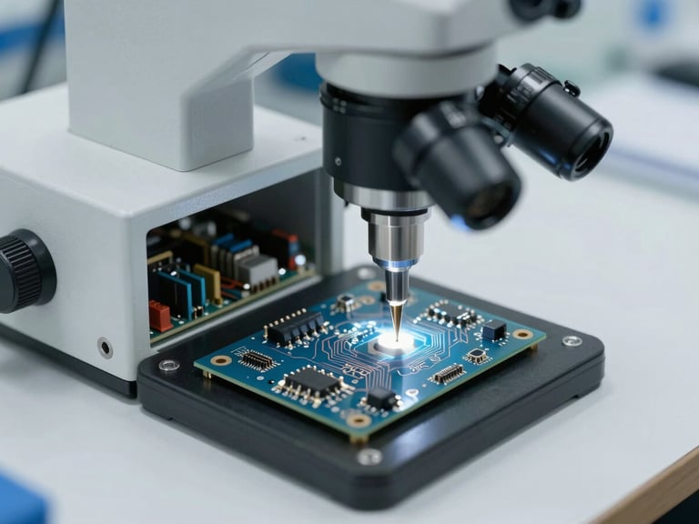 Precise soldering under a laboratory microscope on a power supply unit, focused lighting, clean bench, sharp macro details, neutral white and cool tones