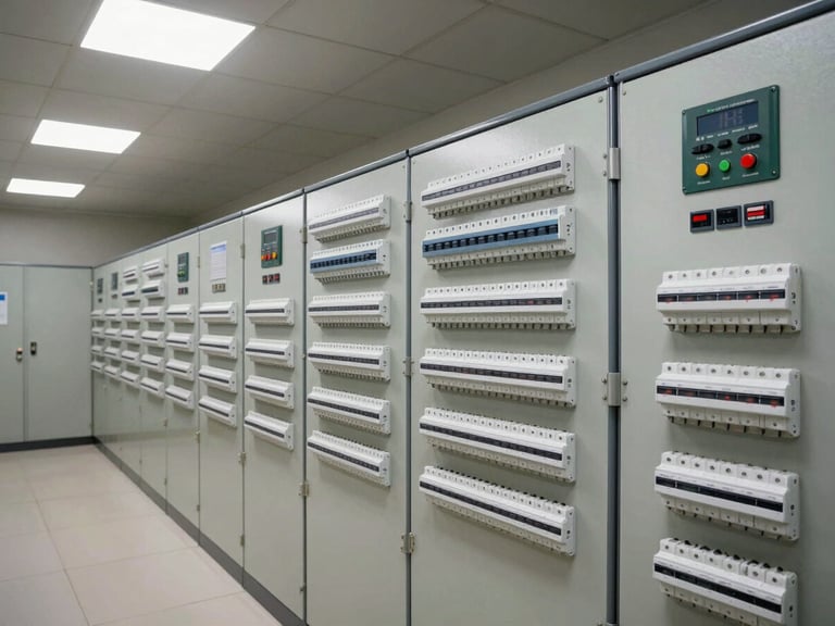 Wide shot of a building control panel room — rows of labelled breaker switches and door control modules mounted on a steel rack, bright overhead fluorescent lighting, no people, documentary framing emphasising system complexity