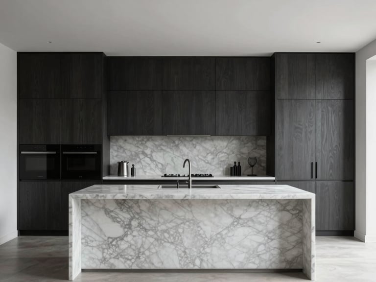 Architectural photography, wide angle shot of a minimalist luxury kitchen with dark oak cabinets, seamless marble island, soft natural daylight, 35mm