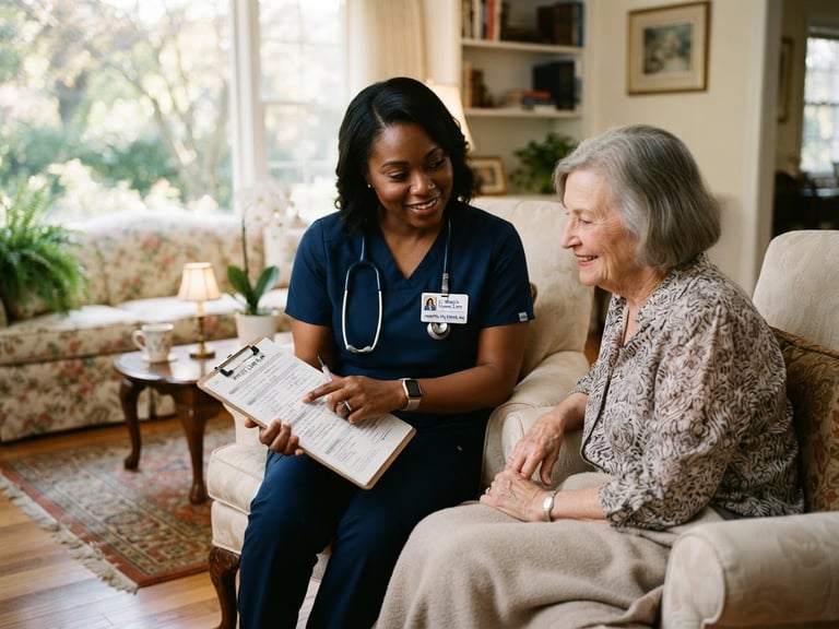 A professional dark-skinned African American female nurse in crisp clinical attire reviewing a care plan with a patient in an elegant, sunlit New Jersey living room, warm editorial photography, 35mm