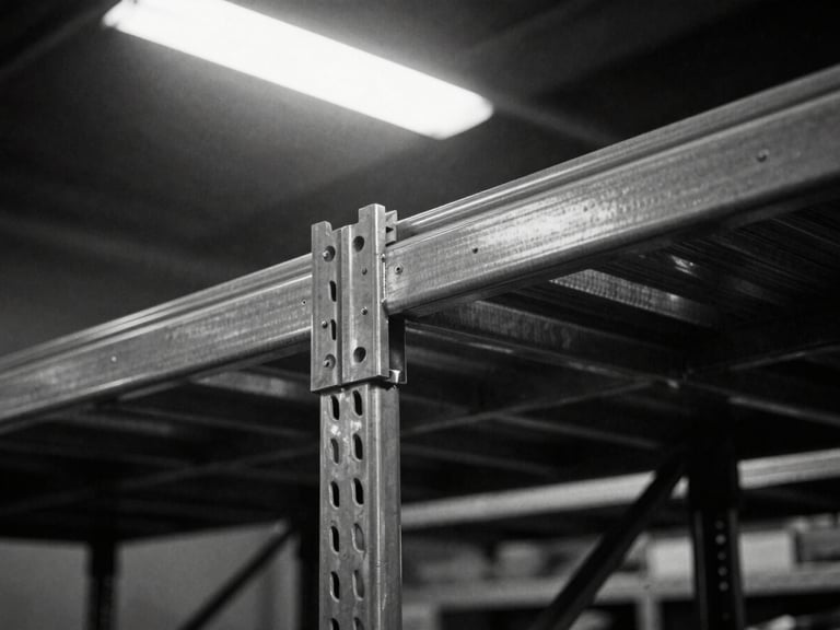 Tight macro shot of raw steel industrial shelving units in a dimly lit warehouse, harsh overhead spotlight casting deep shadows, high-contrast monochrome tones, 35mm film style.