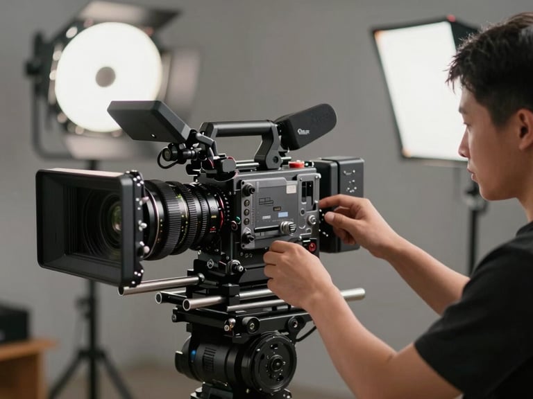 Behind-the-scenes medium shot of a professional camera operator adjusting a large cinema camera rig, sharp focus on the metallic lens gears, soft studio practical lights in the background, high-contrast lighting.