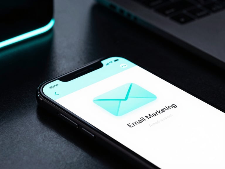 Macro shot of a mobile screen displaying a clean email marketing UI, with neon-cyan highlights, in a dark, high-end workspace setup, dramatic low-key lighting, reflective glass surface, ultra-modern tech aesthetic, 35mm lens.