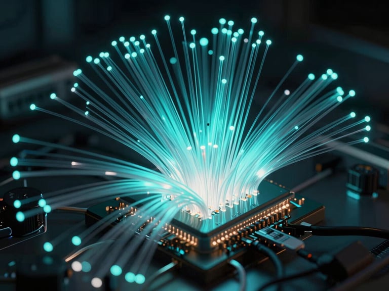 Abstract representation of data flow, glowing neon-cyan fiber optics converging into a central processing unit, deep shadows, cool-white key light, ultra-modern tech aesthetic, 35mm lens.