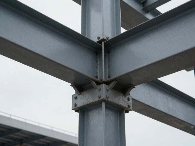 Close-up of massive structural steel joins on a modern commercial transit hub, overcast daylight, sharp textures.
