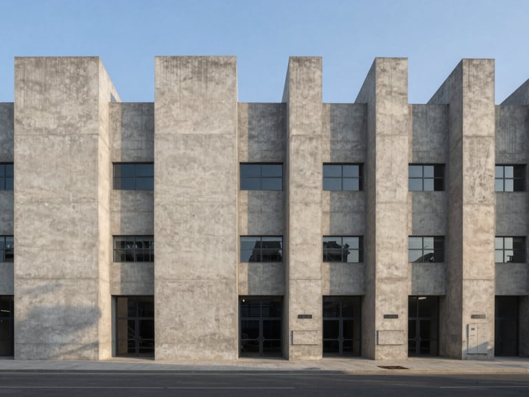 Symmetrical architectural wide shot of a modern industrial concrete facility facade under crisp early morning light.