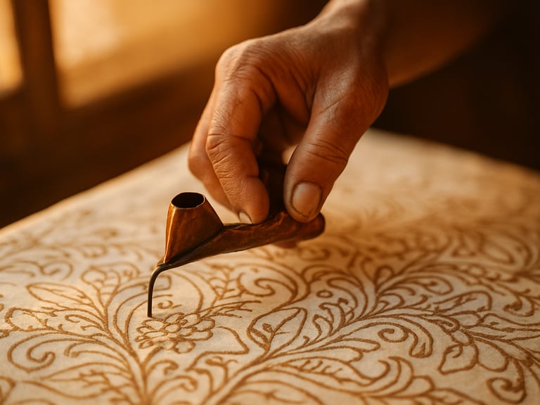 Close-up of an artisan's hand carefully drawing intricate patterns on cotton fabric using a copper canting filled with hot wax, soft golden natural light filtering through a wooden window frame, warm terracotta tones, 35mm photography.