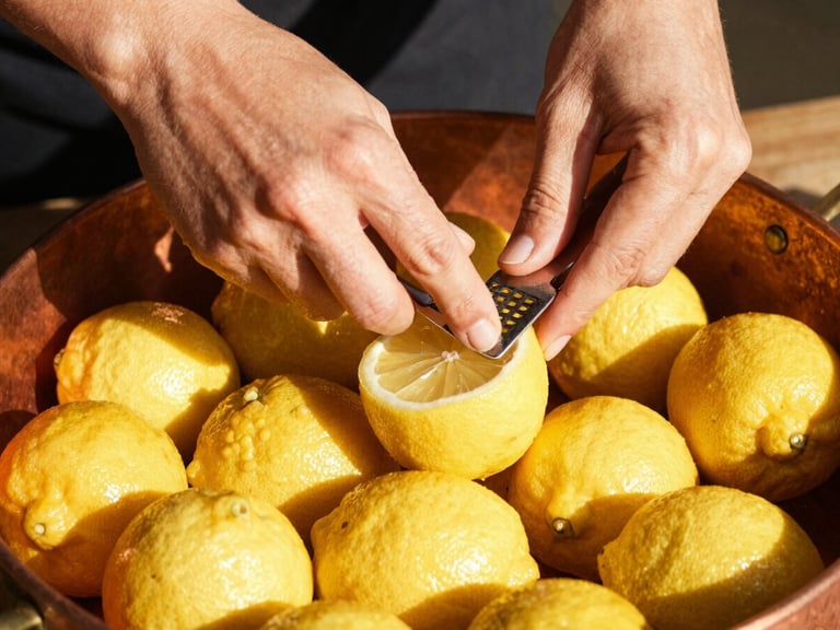 Hands carefully zesting fresh organic lemons over a copper vessel, warm sun-drenched light, sharp shadows, editorial photography.