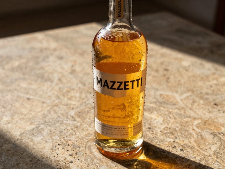 Condensation-beaded bottle of Mazzetti liqueur on a rustic stone table, bright golden-hour sunlight, sharp shadows, 35mm.