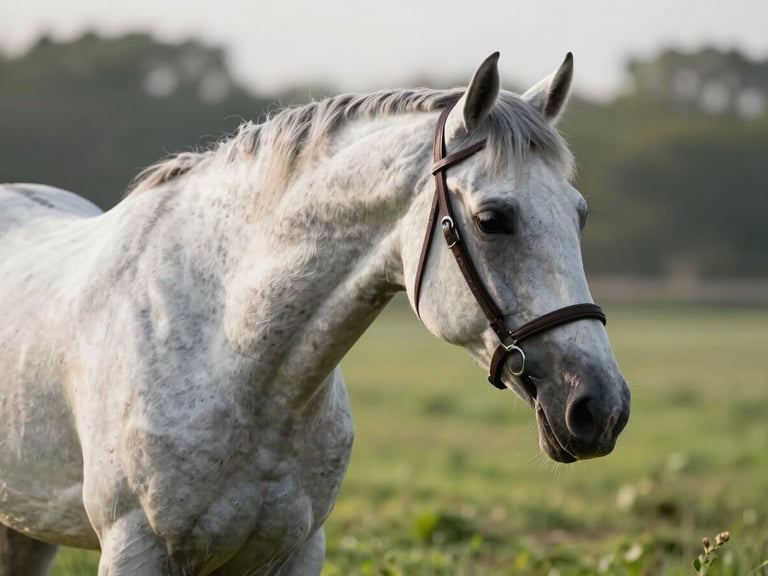 Close-up of a beautiful grey thoroughbred horse with elegant markings being led through a lush green paddock, crisp morning light, shallow depth of field.