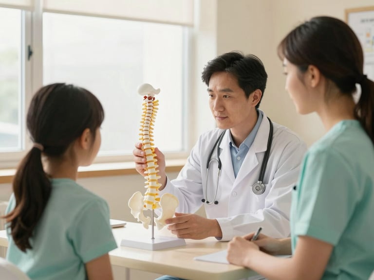 A doctor explaining a spine model to a patient in a warm, cream-toned consultation room, soft window light.