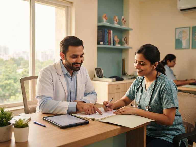Warm editorial medical photography of Dr. Sumit and Dr. Nisha consulting inside their clean, warm-lit Pune clinic, soft teal accents, shallow depth of field
