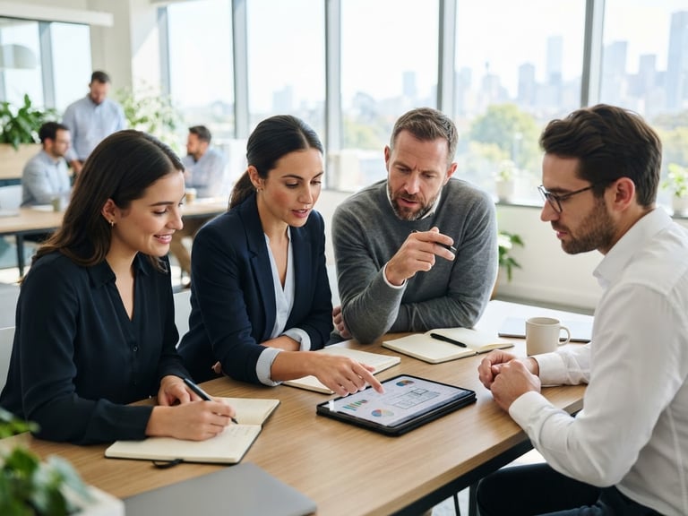 Bright editorial photography of professional adults collaborating in a clean modern office setting, natural daylight, focused expressions, shallow depth of field