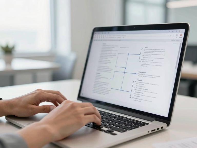 Close-up of hands typing on a laptop during a professional workshop, structured diagrams on screen, bright natural office light, clean modern interiors, crisp focus