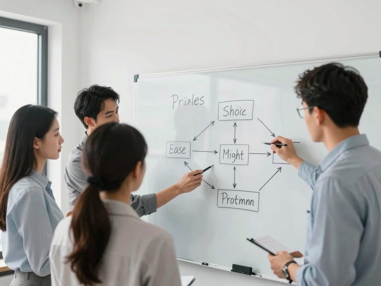 Professional team collaborating on a structured diagram on a whiteboard, bright natural office light, clean modern interiors, crisp focus, over-the-shoulder shot