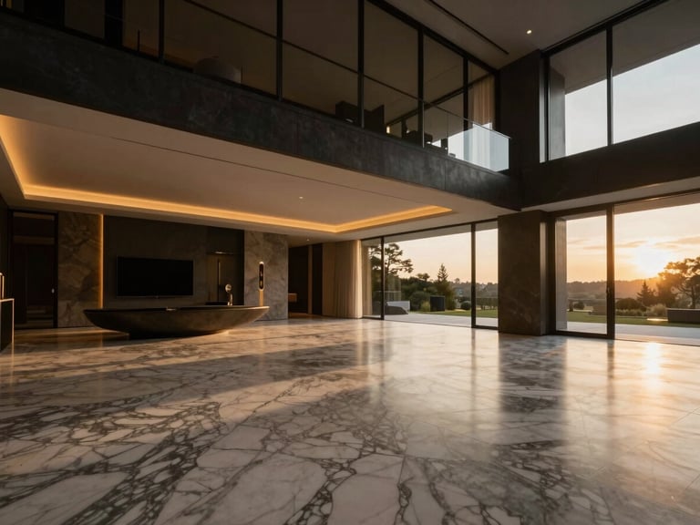Dramatic architectural shot of a modern luxury villa interior, focusing on high-end marble flooring and warm lighting, wide-angle lens, cinematic golden-hour.