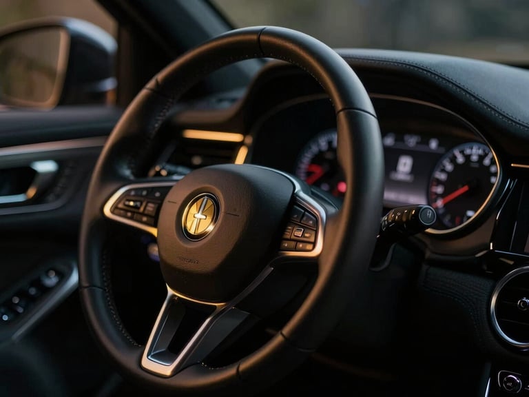 Cinematic macro shot of a luxury car interior, focusing on the hand of a driver in a suit on the leather-wrapped steering wheel, soft golden dashboard lights glowing, shallow depth of field.