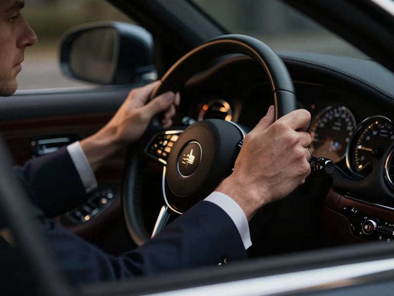 Close-up of a chauffeur's hands in a dark tailored suit gripping a leather steering wheel of a luxury vehicle, soft dashboard lights glowing in the background, elegant and focused.