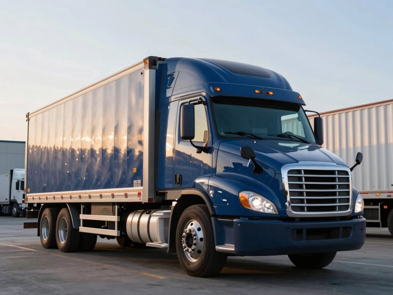 Clean commercial semi-trailer parked in a logistics yard, low-angle heroic shot, bright morning daylight, deep blue and metallic gold tones, crisp industrial photography, sharp focus, 50mm lens.