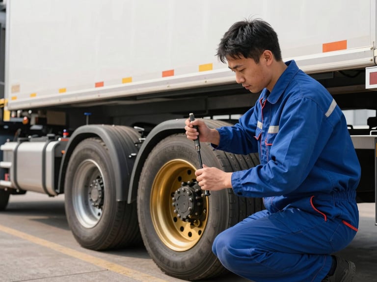 Professional technician working on a semi-trailer wheel with precision tools, focused on the task, clean logistics yard background, crisp industrial photography, bright morning daylight, deep blue and metallic gold tones, sharp focus, 50mm lens.