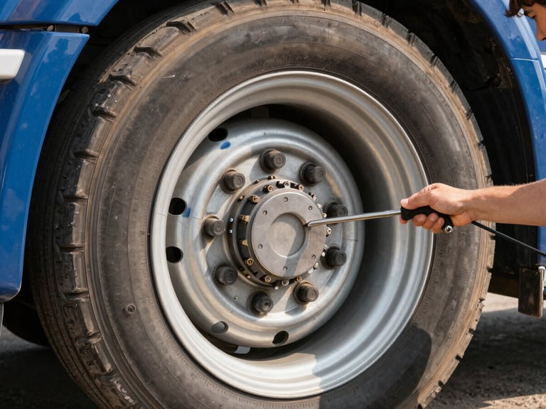 Close-up macro shot of a heavy-duty semi-trailer wheel, showing clean steel and aluminum components, professional technician hand with precision tools, crisp industrial photography, bright morning daylight, deep blue and metallic gold tones, sharp focus, 50mm lens.