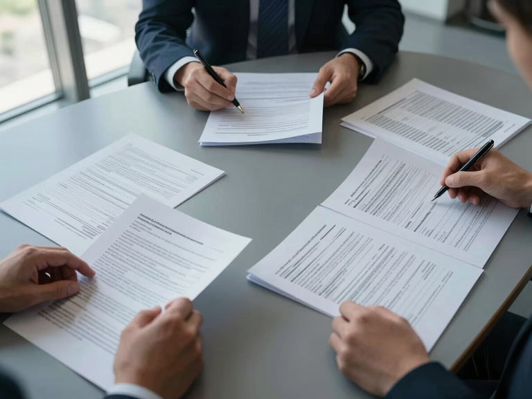 Overhead close-up of a wide conference table with open financial models, printed contracts, and tax documents spread across its surface, two sets of hands reviewing different documents simultaneously, cool north-facing daylight from a tall window to the left