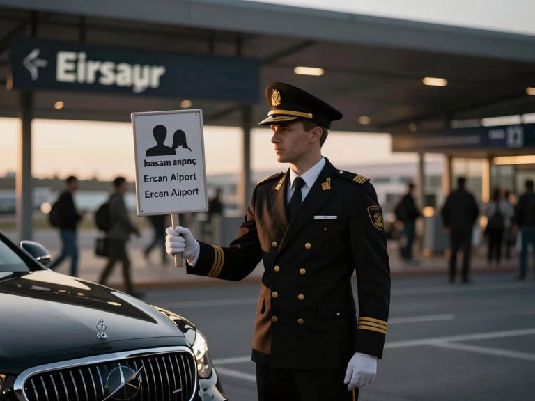 Professional driver in uniform holding a sign with a passenger's name at Ercan Airport arrivals, blurred background of airport terminal, low-key lighting.