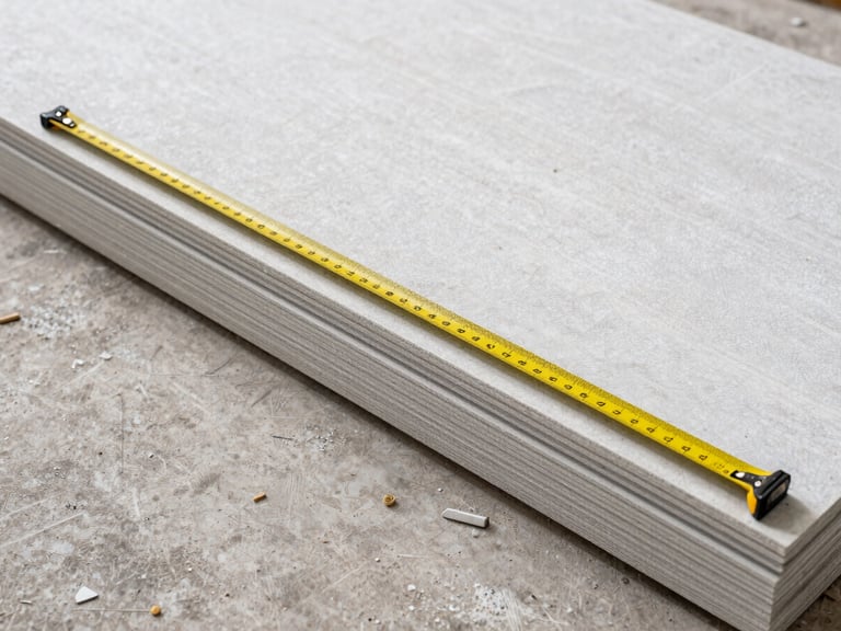 Close overhead view of gypsum boards stacked and measured on a construction floor, a measuring tape extended across the edge showing precise dimensions, controlled studio-quality daylight from left, no people, clean industrial setting