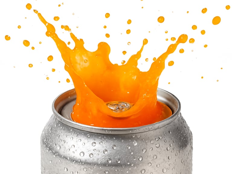 Extreme close-up of vibrant orange liquid splashing out of a modern beverage can, condensation-beaded aluminum, crisp studio lighting, sharp shadows, white background
