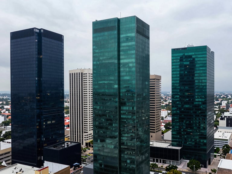 Wide shot of a modern business district in Villahermosa, Tabasco, from a high altitude, cool overcast daylight, glass skyscrapers, sharp architectural lines, 35mm