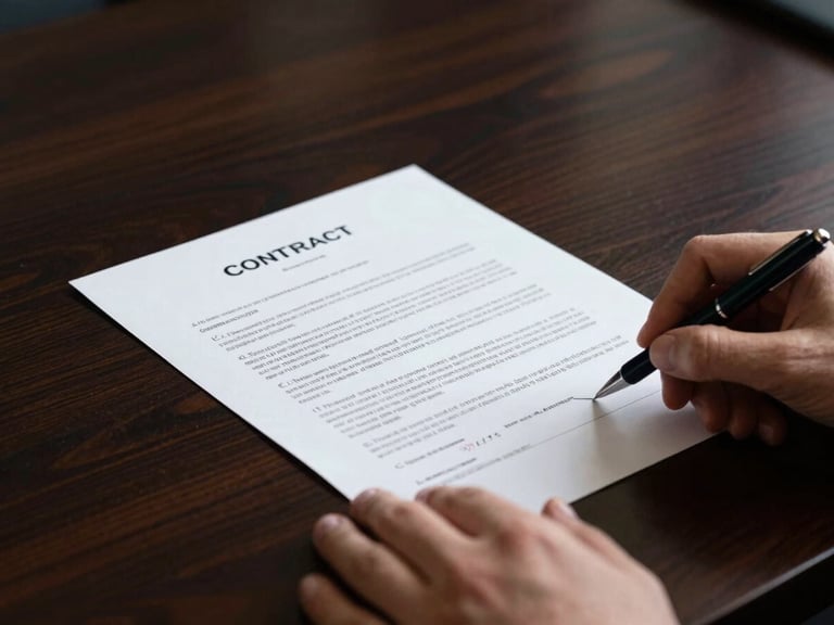 Close-up of a high-value contract document with a pen, signing hands partially visible, polished dark wood table, high-contrast lighting, 35mm