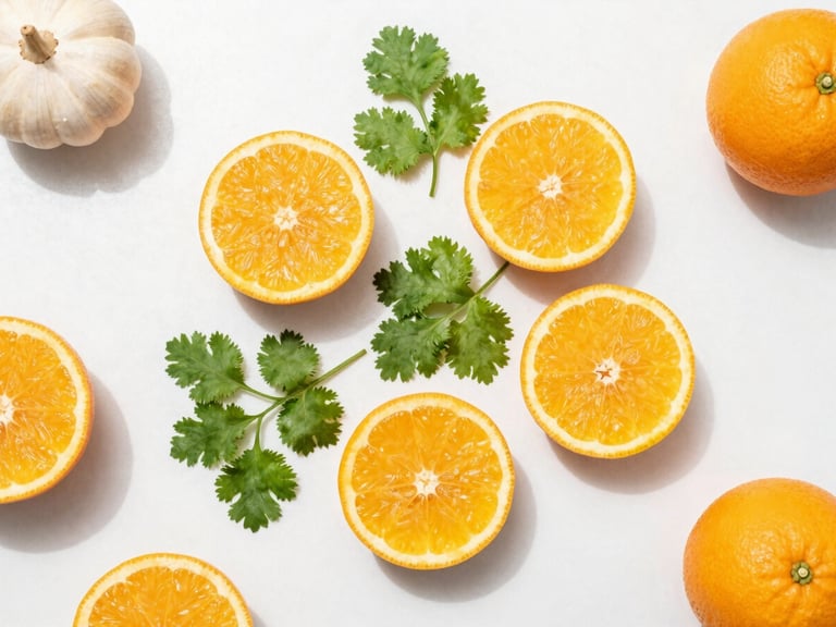Overhead flat-lay of fresh citrus, chopped cilantro, and raw ingredients on a crisp white marble surface, bright natural daylight, high-key food photography