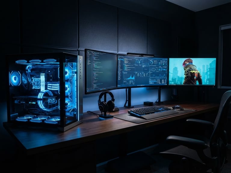 Wide panoramic shot of a high-performance desktop setup with multiple monitors, glowing electric blue components inside the tower, and metallic silver reflections, low-key studio lighting, sharp details, 50mm lens. The image bleeds to the right edge of the frame.