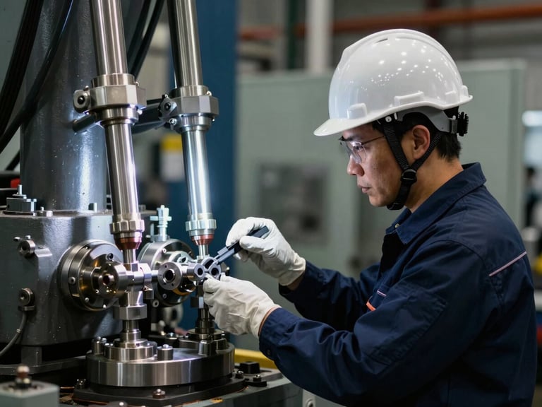 An engineer in a safety helmet inspecting hydraulic fittings on a heavy industrial machine, high-contrast industrial lighting, cool steel tones
