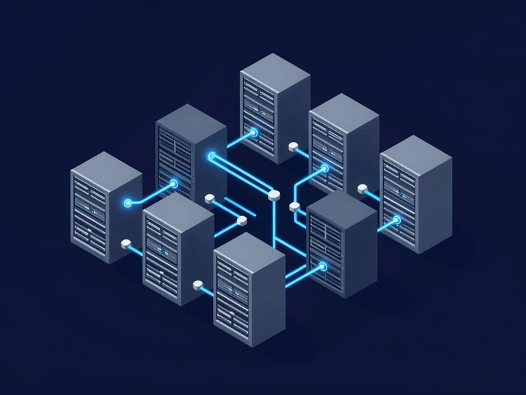 Minimalist vector illustration of isometric server racks connected by glowing blue data lines and silver nodes, representing a secure local AI database integration, high-tech, clean lines, corporate navy background.