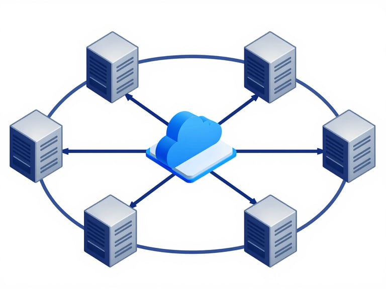 Minimalist technical schematic of secure data flow between local server nodes and a centralized cloud core, using navy and corporate blue lines on a crisp white background.