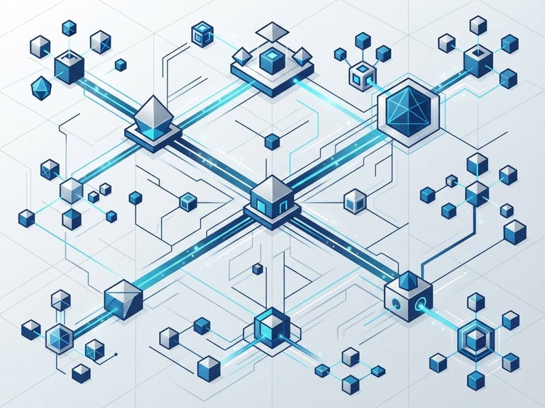 Minimalist vector illustration of interconnected geometric nodes representing secure sovereign network topology, corporate blue and silver palette, sharp lines.