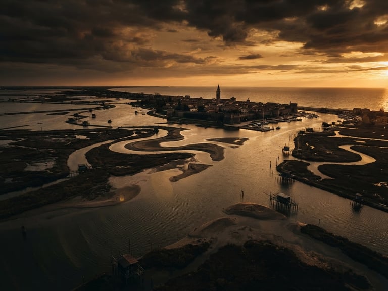 Cinematic wide drone aerial view of Marano Lagunare lagoon at golden hour, deep shadows, rich ochre and charcoal tones, 35mm anamorphic lens