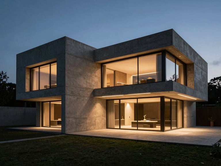 Wide-angle architectural elevation of a concrete luxury villa at dusk, warm integrated linear LED lighting grazing the raw textures, deep shadows, 35mm lens
