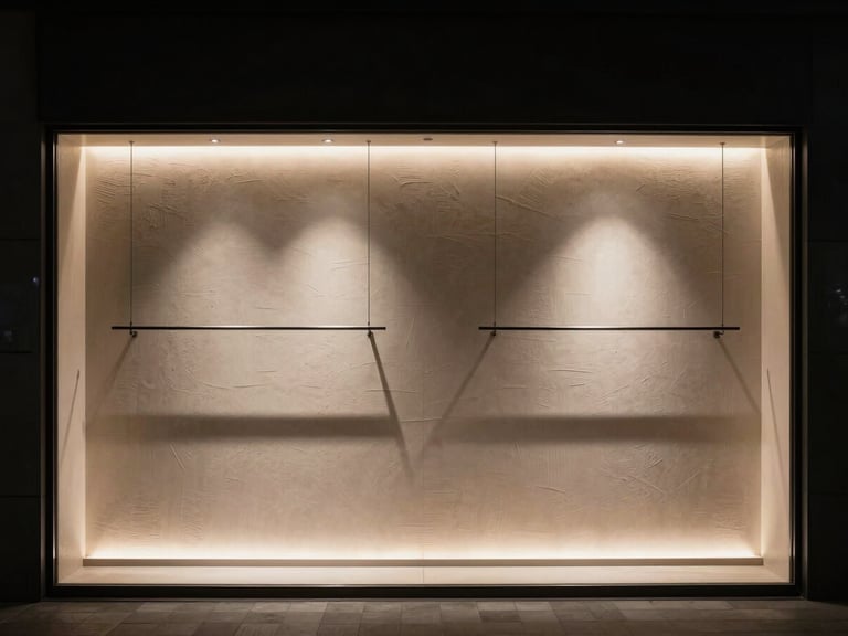 Modern commercial retail space with precise architectural lighting paths, highlighting textures on the wall, no glare, high-contrast shadows