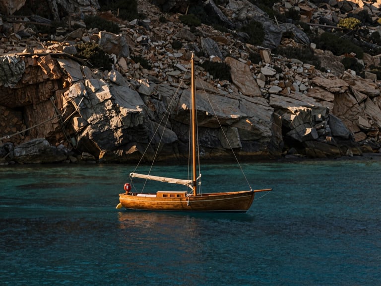 A wooden sailboat floating on deep blue, crystal-clear water near a rocky cliffside, soft morning light, rich desaturated tones.