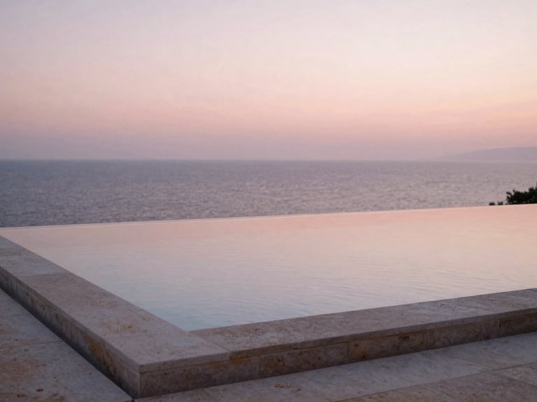 An empty stone infinity pool reflecting the soft pink dawn light over the Adriatic sea, minimalist luxury, quiet atmosphere.