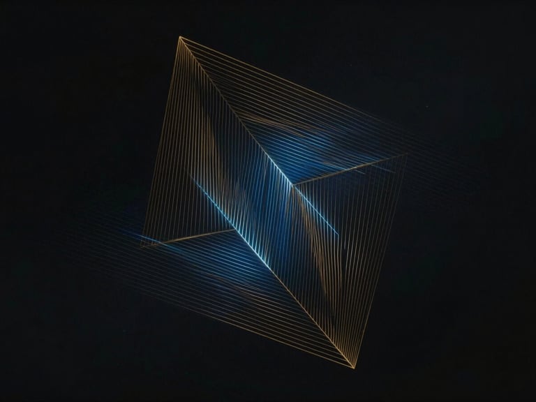 Abstract geometric pattern with subtle gold lines and electric blue glow, representing complex thought and innovation.