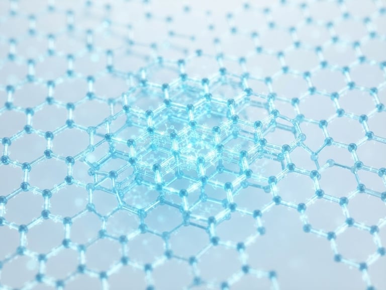 Macro close-up of interconnected hexagonal molecular structures, glowing faintly with internal energy, against a clean, clinical pale blue background, high-key studio light.