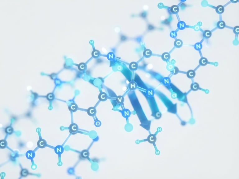 Abstract molecular structure of a short peptide chain, glowing faintly with subtle blue and cyan light, against a clean white background, macro depth of field.