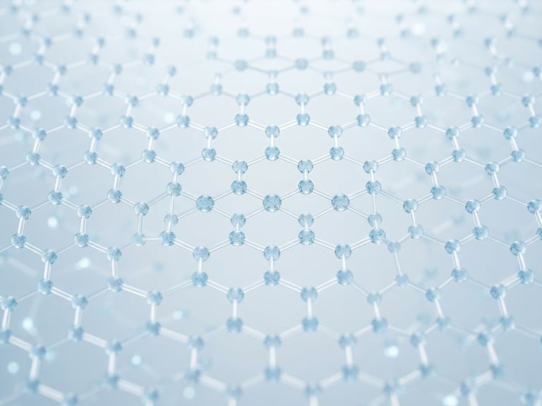 Macro photograph of a clean hexagonal molecular lattice structure, clinical high-key studio lighting, pale blue and white tones, shallow depth of field.